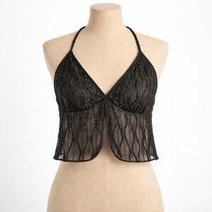 Whimsigoth Sheer Mesh Cropped Halter Top Size XS Black Sparkle Witchy Festival